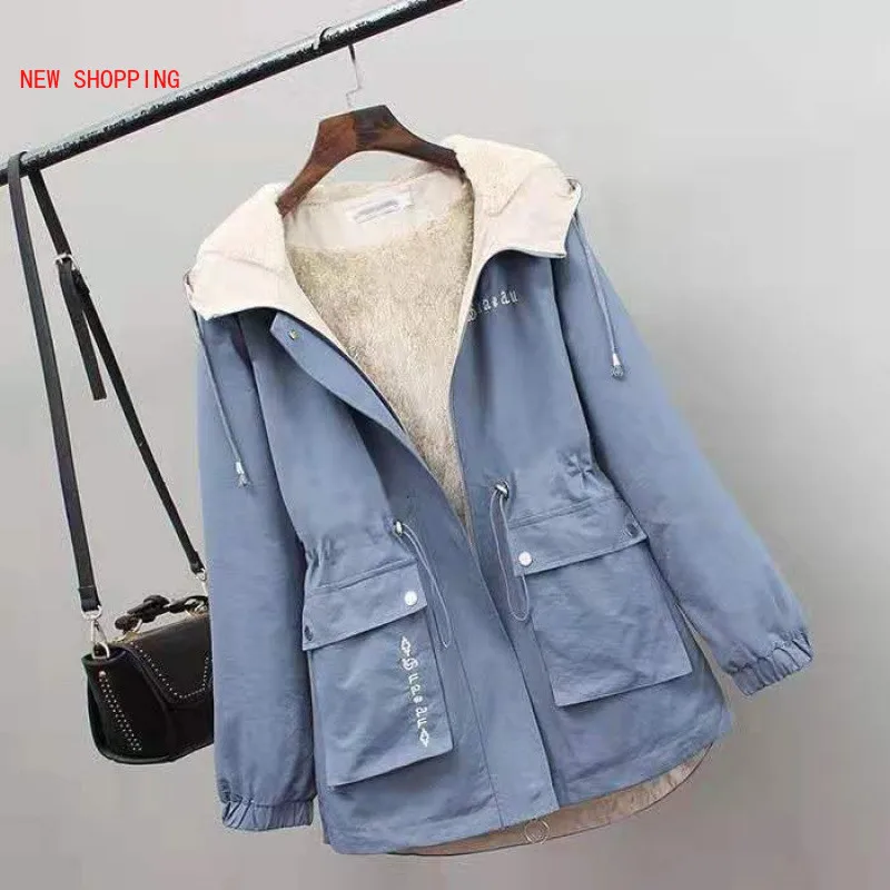 Winter Thick Velet Women Trench Coat New Hooded Collar Zipper Loose Female Trench Plus Size Print Adjustable Waist Wind Coat 3XL