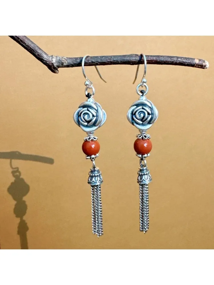 Ohrringe aus 999er Silber mit roten Achatperlen und Rosenquasten für Damen, Vintage-Stil, ethnische dreidimensionale Blume, lange Ohrringe, Schmuck