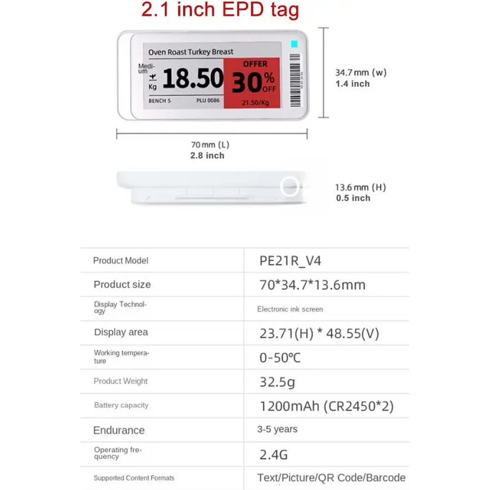 Digital Blank Labels, 2.1 BLE Compatible for Business and Retail, Storage and Information Display, B/W/R e-Ink Screen (Pack of 1