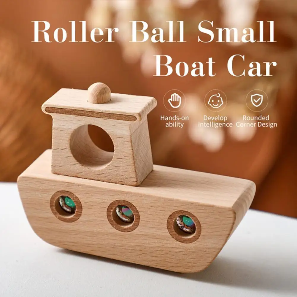 Fine Motor Skills Boat Toy Educational Wooden Rolling Ball Boat Toy for Toddlers Hand Push Boat with Acrylic Beads