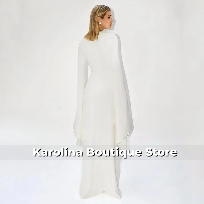 Robe de soirée modeste perles col rond manches longues une ligne robes de soirée modernes pour les femmes longueur de plancher robes d'invité de mariage ivoire