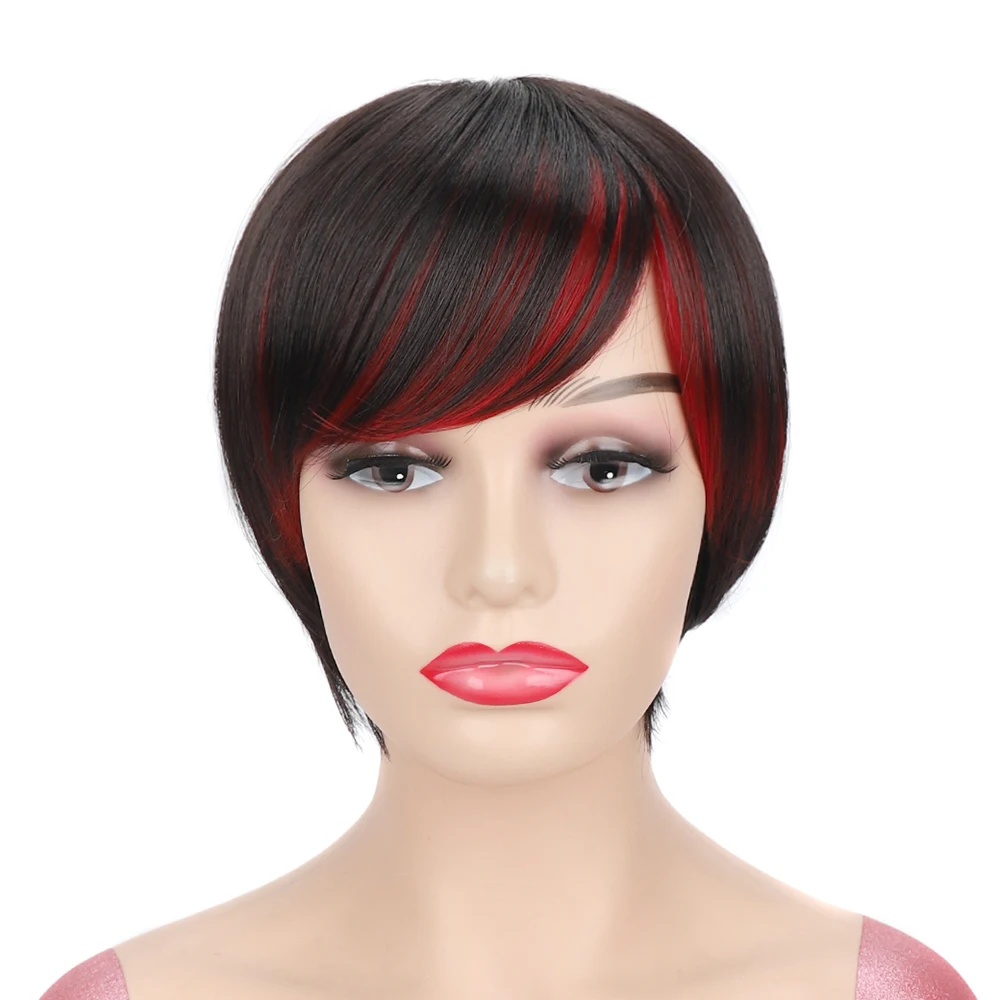 Highlight Short Bob Wig For Women Side Bangs Black Base With Red Purple Brown Streaks Synthetic Straight Hair Wig Daily Use