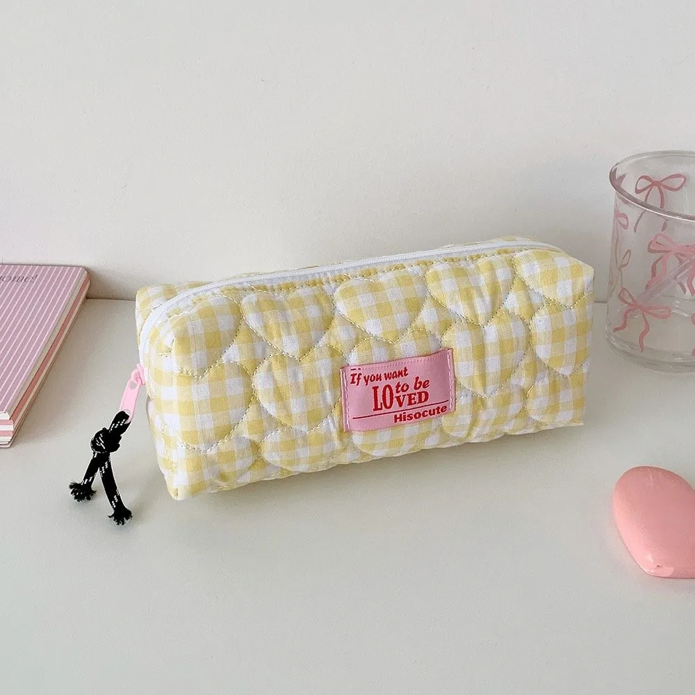 Cloth Korean Plaid Stationery Bag Pen Bag Grid Pattern Plaid Heart Pencil Case Large Capacity Love Heart Pencil Pouch Student