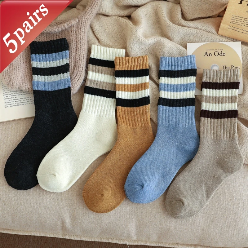 

5 Pairs Women's Socks Set Winter Plush Thickened Warm Pile Socks Striped Simple Preppy Style Versatile Mid Tube Socks For Girl