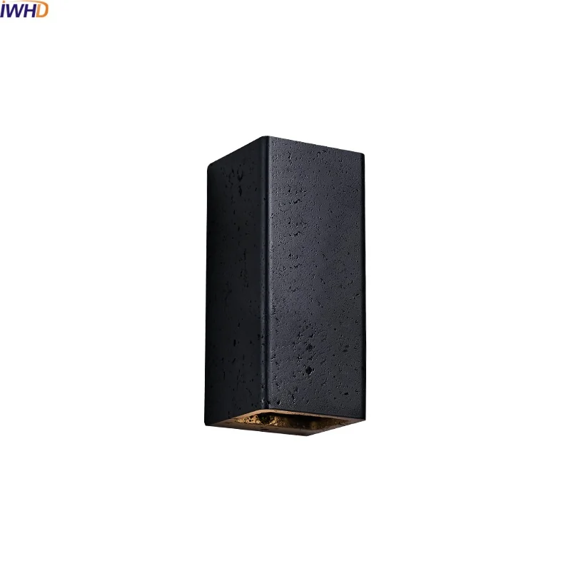 

IWHD Vintage Industrial LED Wall Lamp Square Black Travertine Stone Wall Decoration Items Bathroom Mirror Stair Light Wandlamp