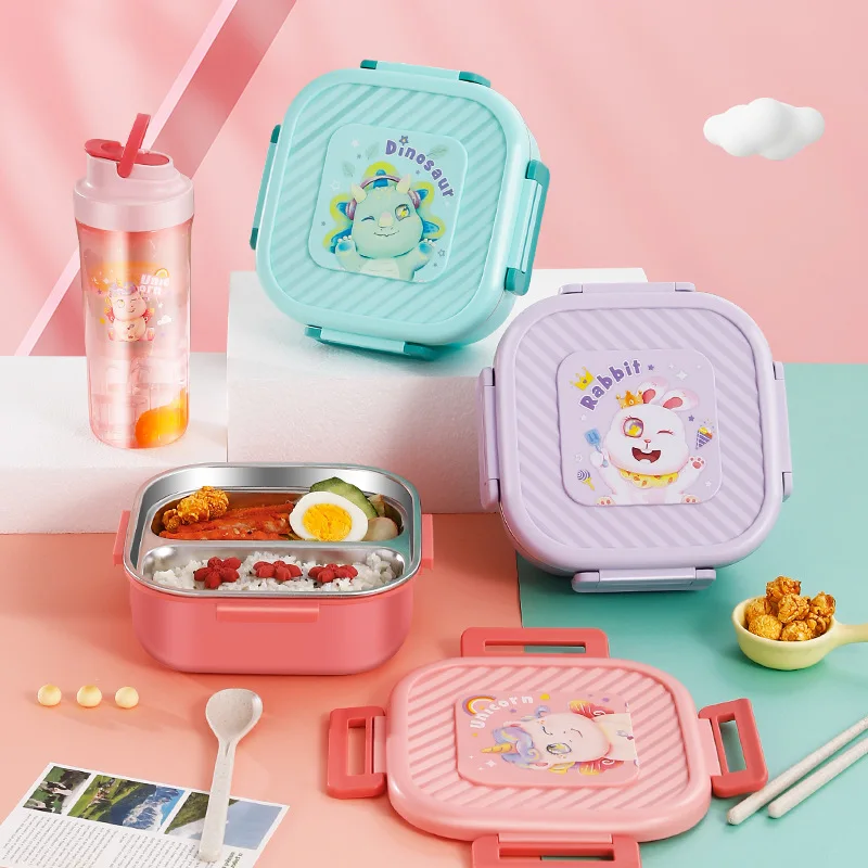 Scatola da pranzo divisa in acciaio inossidabile con unicorno cartone animato per studenti Scatola da pranzo portatile da viaggio per bambini con