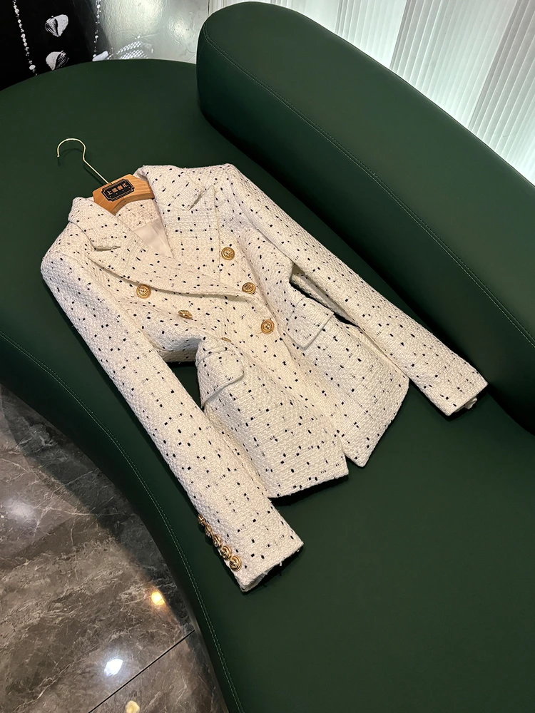 

Женская клетчатая куртка на осень-зиму, приталенная твидовая верхняя одежда в стиле ретро с маленькими косточками, длинное повседневное пальто Sve Busin