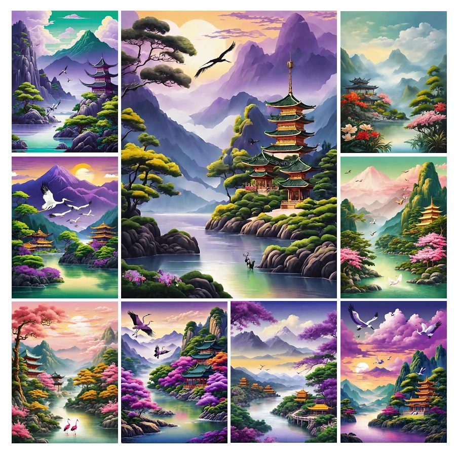 Fullcang New Diy Diamond Painting Kits Mountains And Rivers Full Rhinestone Art Mosaic Embroidery Scenery Pavilions Picture