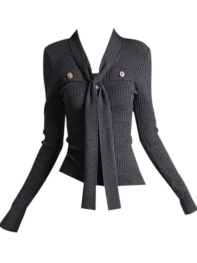 템퍼먼트 브이넥 긴팔 니트 스웨터 여성 슬림 캐주얼 타이 긴팔 탑 점퍼 풀오버