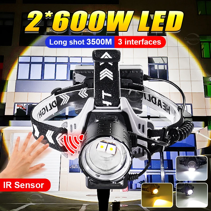 

1000000LM Most Powerful LED Headlamp 600W IR Sensor Rechargeable Head Lamps Long Shot Headlight High Power Head Flashlight Torch