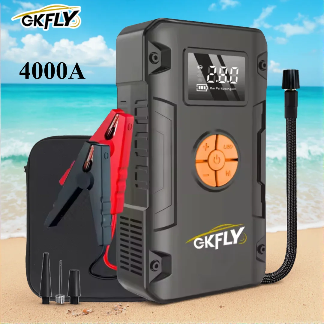 Arrancador de Coches Portátil de 4000A, Compresor de Aire de 150 PSI, Banco de Energía de 59.2 Wh, Inflador de Neumáticos, Arrancador de Coches con Bomba de Aire