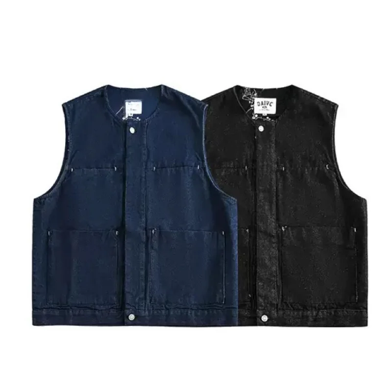 

Retro Japanese Sle Denim Vest Men's Svel Workwear Jaet Waed Loose Fit Faion Urban Sle Autumn Season