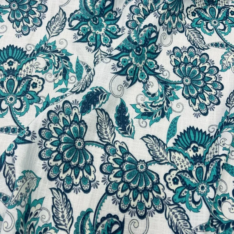 

Lake Green Iris Floral Print Slub Cotton Linen Fabric Drapey Breathable Ethnic Style for Top Set DIY Sewing Accessories