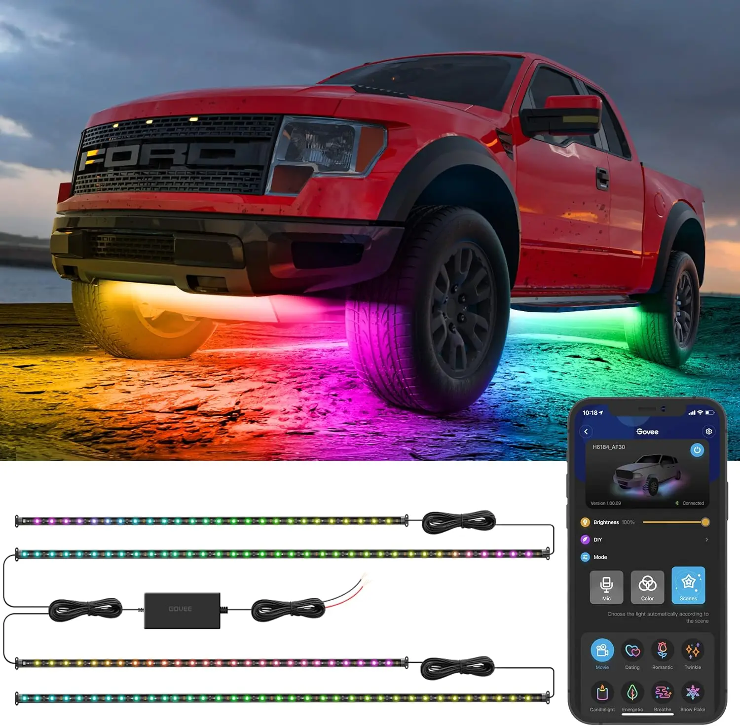 

4pcs RGBIC Smart LED Car Lights, 16 Million Colors, 10 Scene Modes, App Control, Neon Accent Strip for SUVs, Trucks, DC 12-24V
