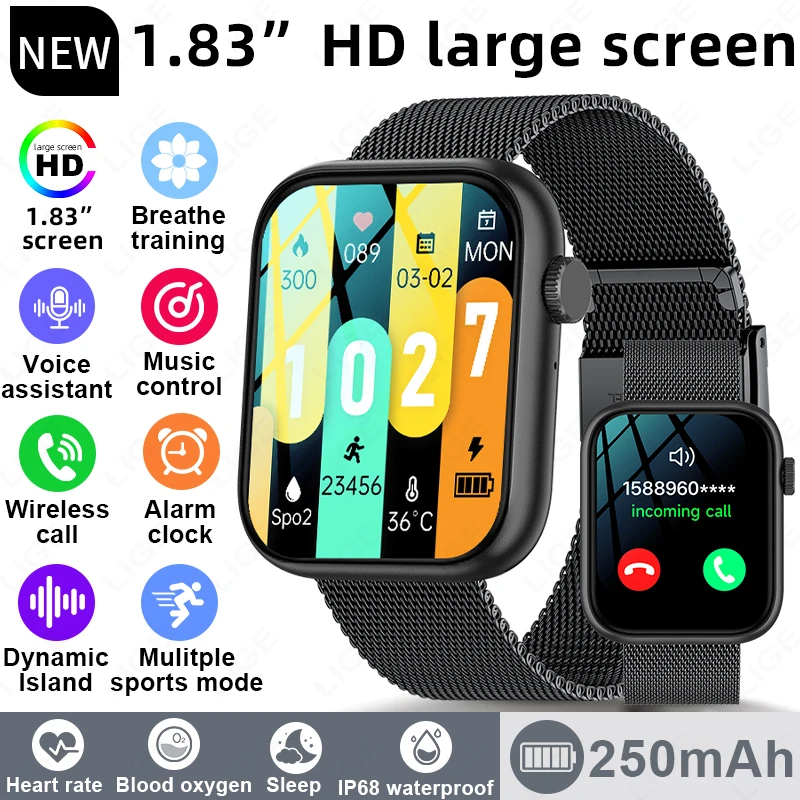 

Смарт-часы с полным сенсорным экраном 1,83 дюйма для мужчин и женщин, подарок, спортивные часы для фитнеса, цифровые умные часы с Bluetooth-вызовами, IP68, водонепроницаемые