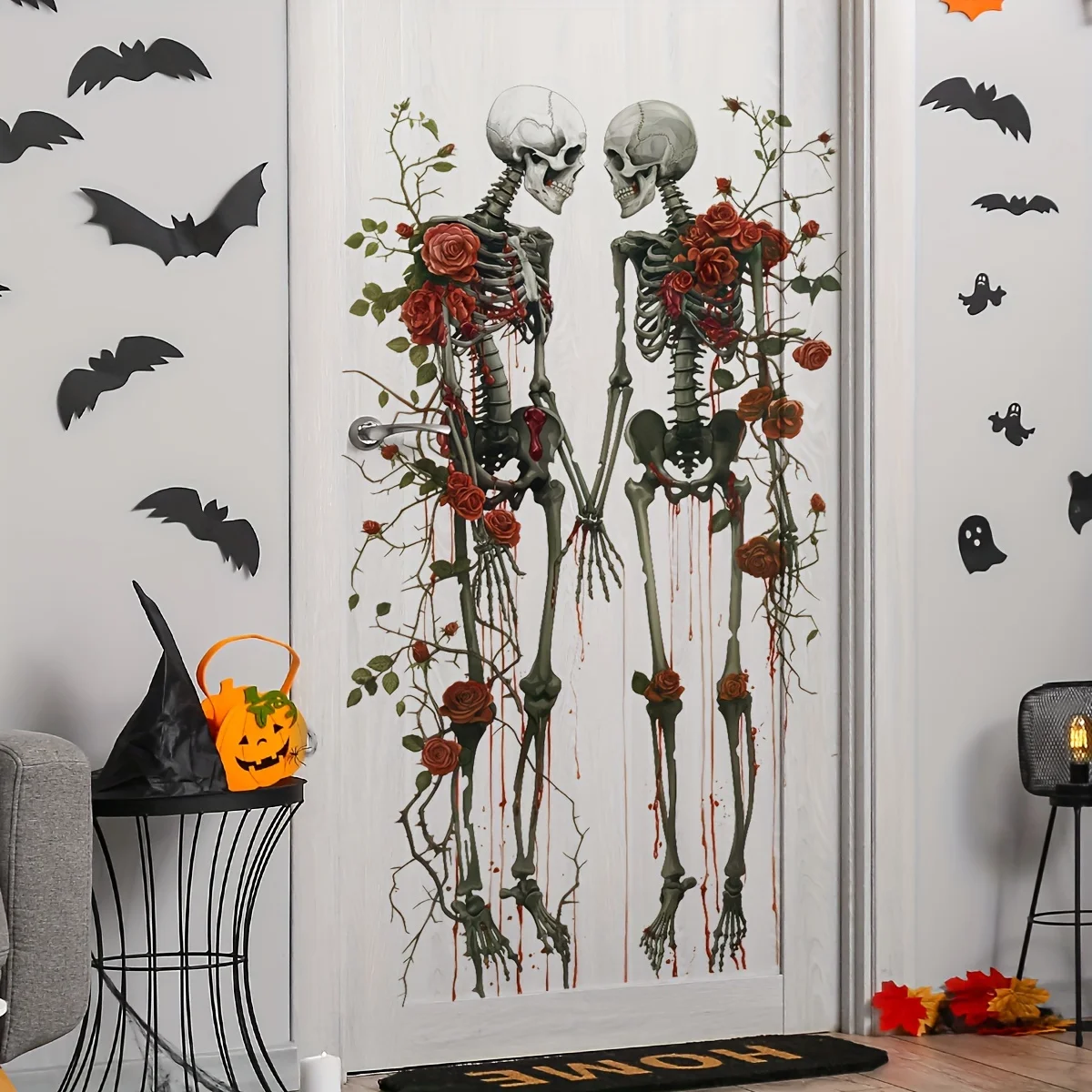 2 Sheets Bat Skull Rose Halloween Wall Stickers Self Adhesive Gothic Decals for Living Room Bedroom Sofa Background Home Decor - view 4
