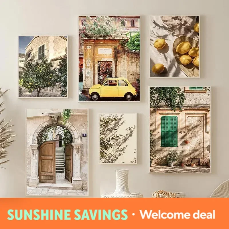 Autumn Italian Town Garden Landscape Wall Art Lemon Harvest Poster Cars and Plants Canvas Painting Home Living Room Decoratio