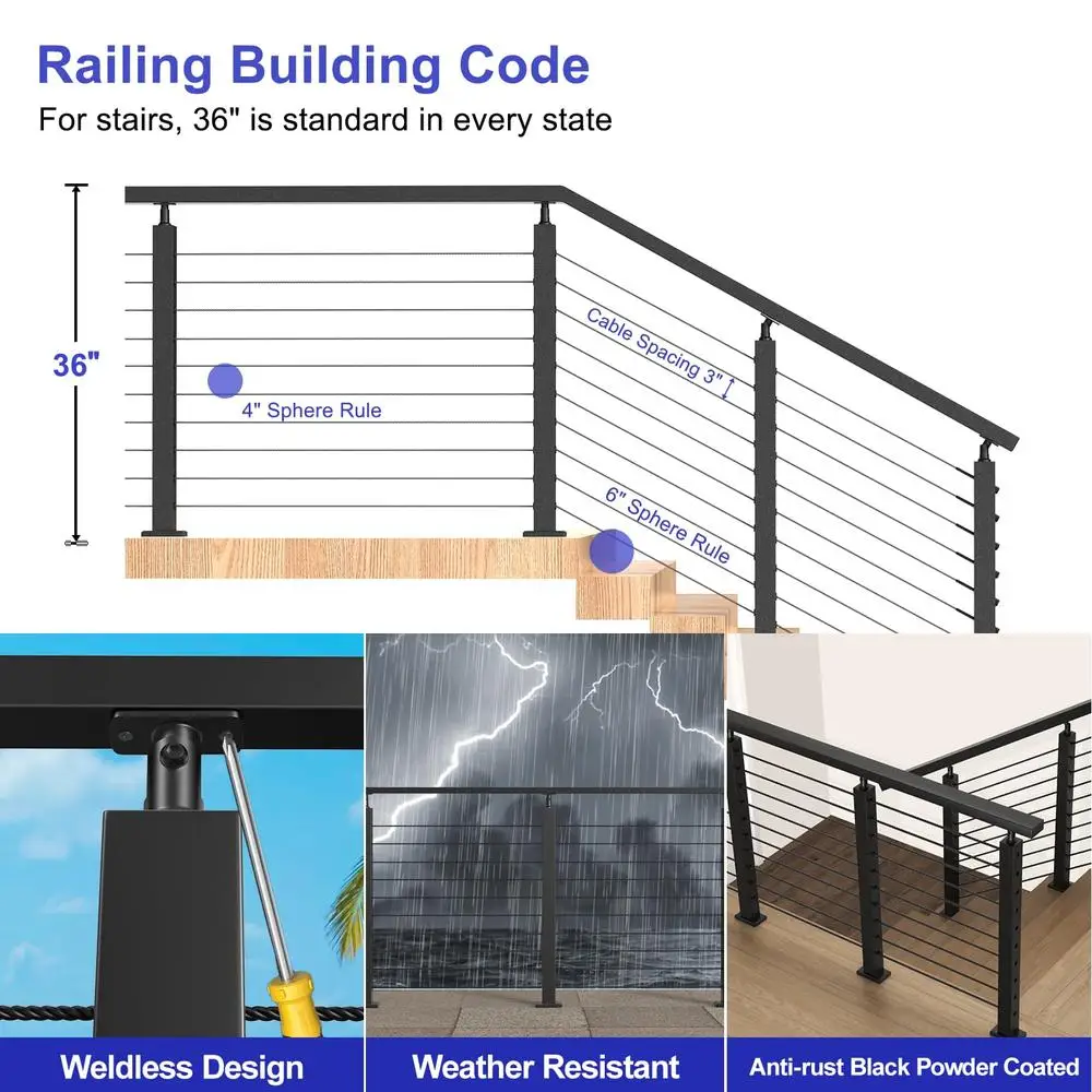 Stair Railing Post Cable Kit 42" Adjustable Top Mount Stainless Steel Line Angle 25-35 Degrees Indoor/Outdoor Decks Balconies