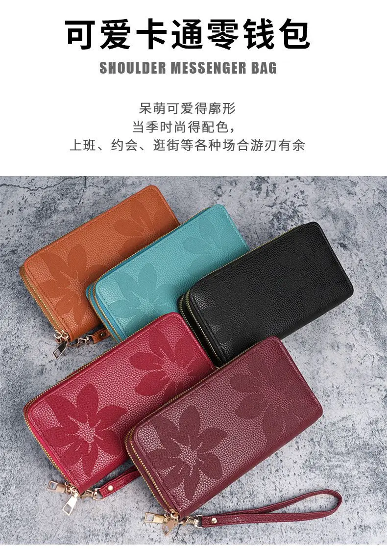 Neue Doppel-reißverschluss Große Kapazität Lange Brieftasche für Frauen Mode Multi-schicht Telefon Münze Karte Geldbörse Floral Geprägte PU leder – Detail 1