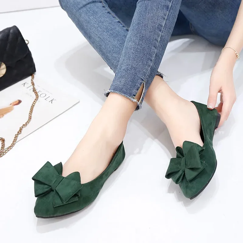 Women Fashion Green Bow Tie Flock Flat Shoes Zapatos De Mujer Lady Casual Black Office & Party Shoes Sapatos Femininas A99