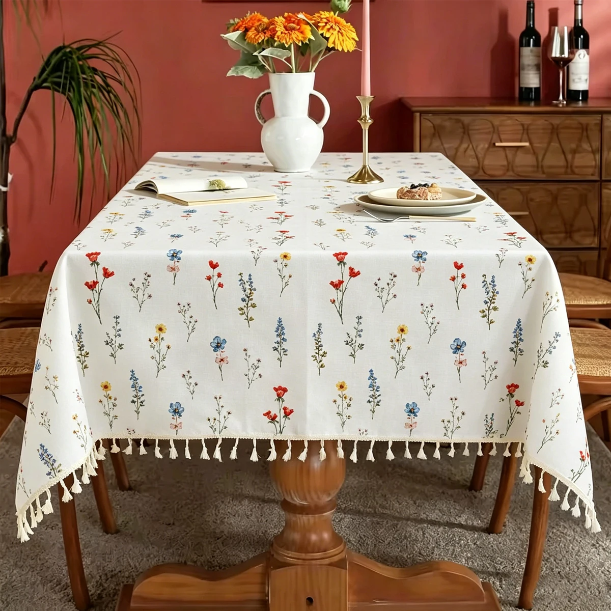 Floral Printed Tassel Tablecloth, Suitable for Holiday, Wedding, Party Decoration and can be Reused Repeatedly