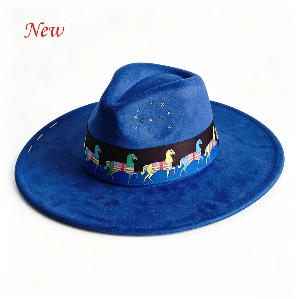 Women's Wide‑Brim Fedora Hat with Horse‑Print Scarf, Hand‑Stitched Cross Decor, Vintage Sun Hat for Vacation Beach Travel, Custo