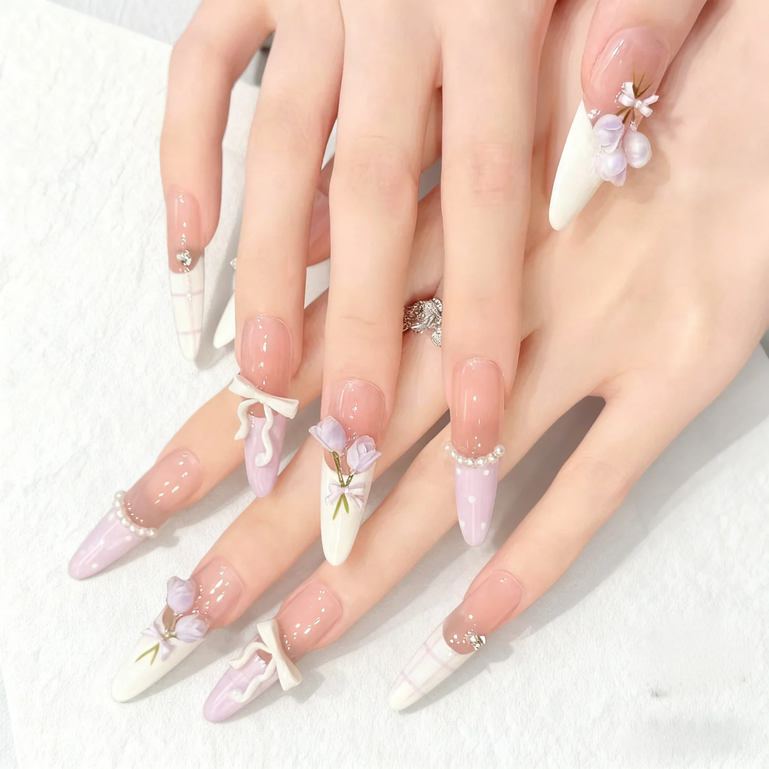 10 قطعة نصائح الأظافر وهمية اليدوية مع تصميم زهرة التوليب الأرجواني طويل خنجر أظافر صناعية الفن يمكن ارتداؤها الأظافر كاذبة XS S M L الحجم #2