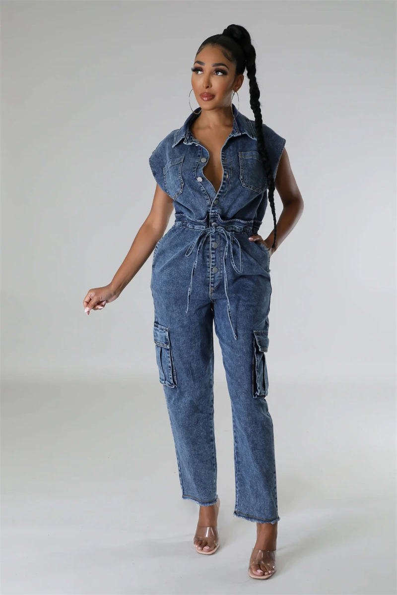 

Cowboy Jean Jumpsuits Summer Clothes Women 2024 Sleeveless Pockets Straight Pants Denim Rompers Playsuits One Pieces Overalls