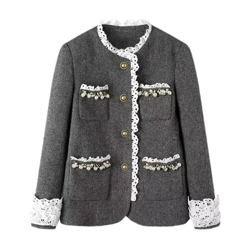 

Fashion Beading Lace Design Tweed Jacket Women New Autumn Elegant Single Breasted Slim Fit Court Mid Length Woolen Coat s775