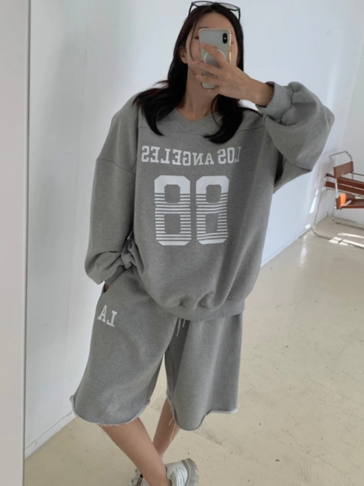 Dames losse luie sle afslankende jeugdige vijfpunts bedrukte sweatshirt en gerafelde zoom wijde pijpen orts set faionable casual...