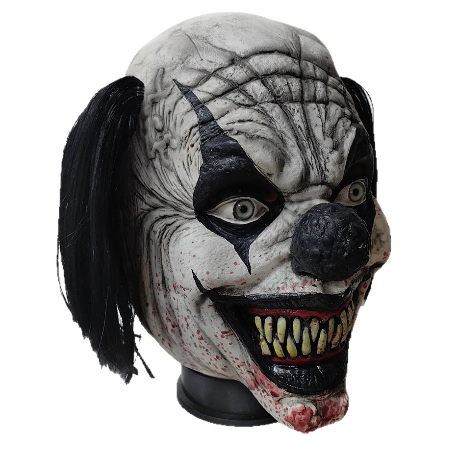 Horror Sorriso Maschera da clown Cosplay Spaventoso Naso nero Capelli Joker Casco in lattice Carnevale di Halloween Vestire Costume da festa Puntelli