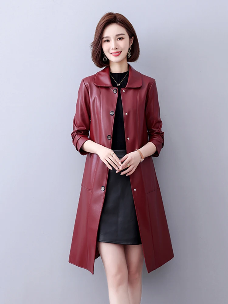 本革ジャケット レディース 2025年新作 スリムフィット ロング丈 シープスキン レザー ウィンドブレーカーコート