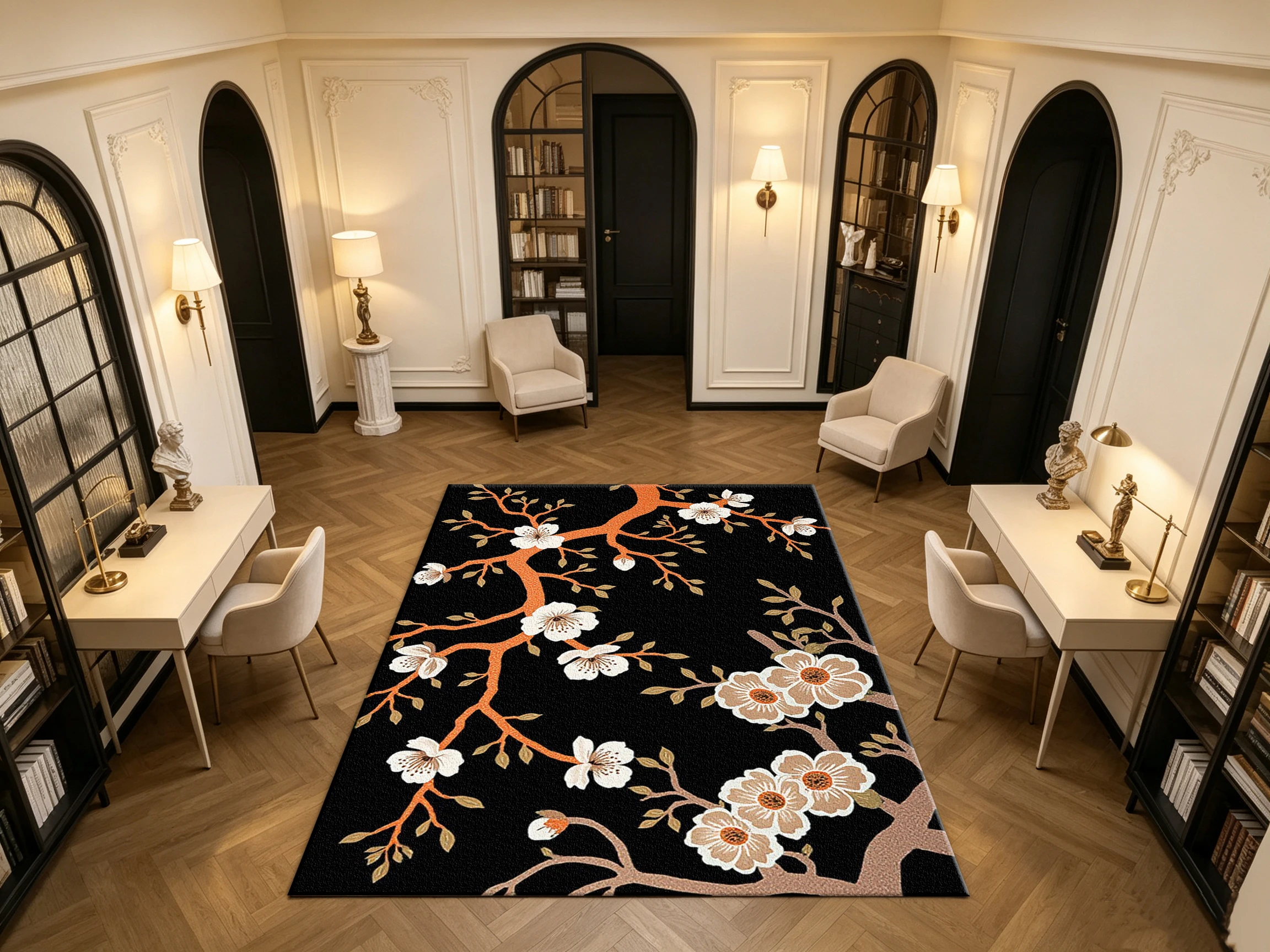 Vintage White Plum Blossom Orange Branch Black Background Carpet Flooring Oriental Floral Household Indoor Decor Floor Rug