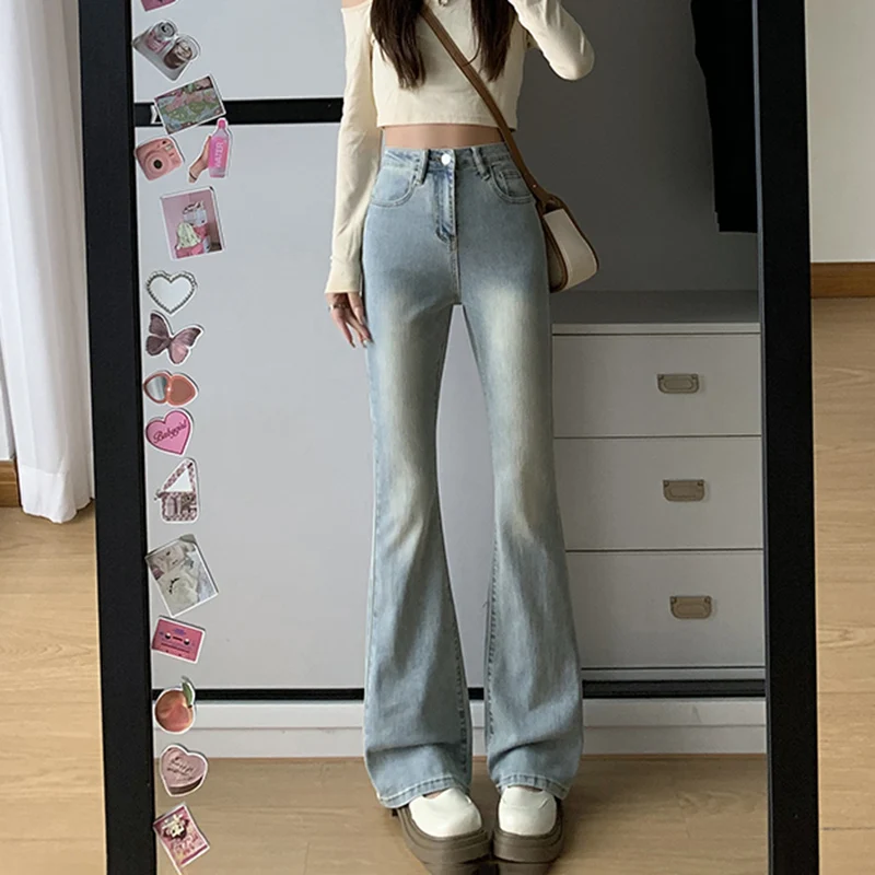Frauen Flare Stretch Schnurrbart Jeans Mode Skinny Bell-Bottom Hohe Taille Grau Denim Hosen Dame Klassische Y2K Punk Lange Hosen