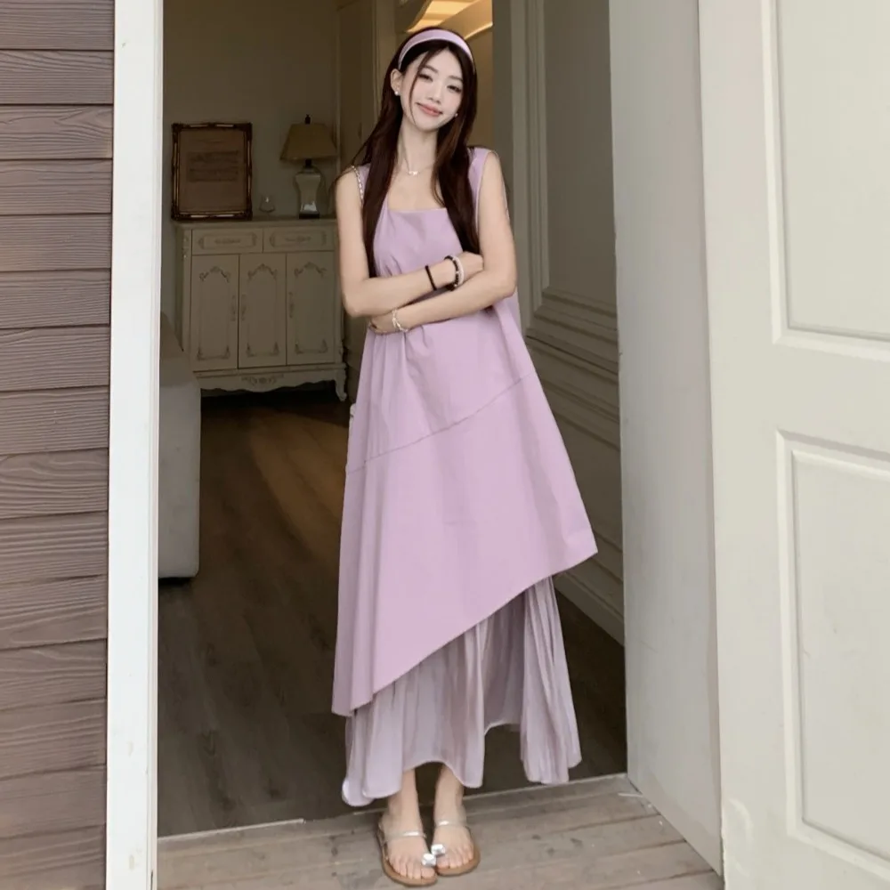 

6Colors SML French Elegant Asymmetrical Dress Women's Summer 2026 New Vest Long Dress Fake Two-Piece Long Tank Dresses female