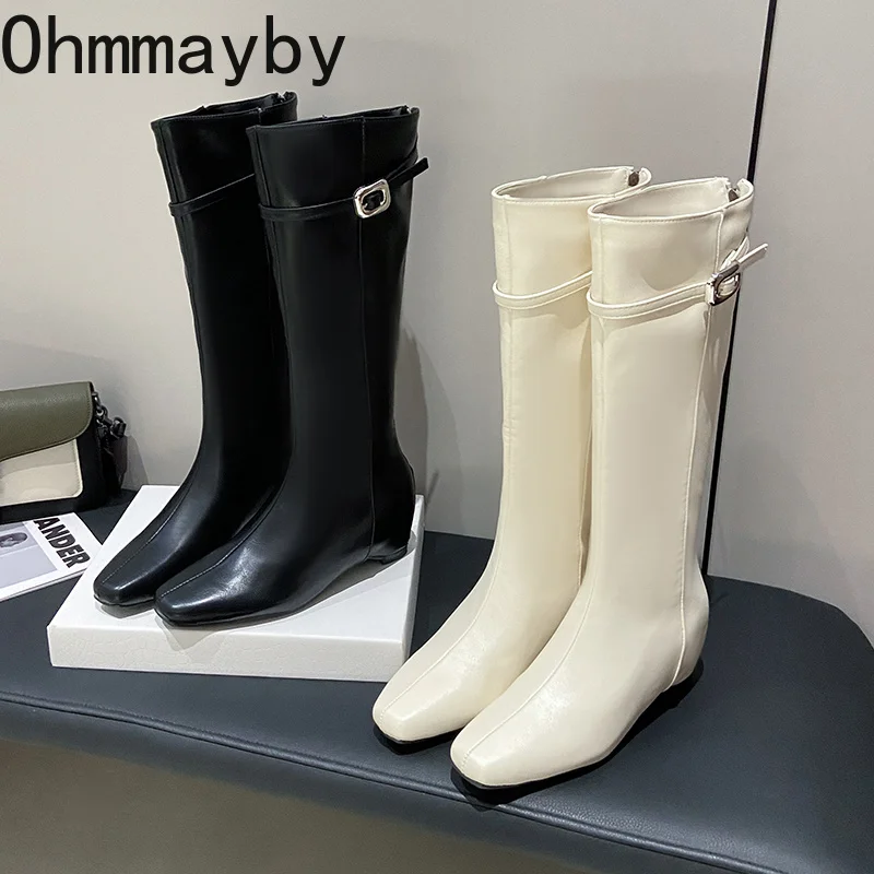 Square Toe Women Knee High Boots Fashion Metal Buckle Strap Wedges Heel Shoes Autumn Winter Ladies Daily Leather Slim Long Boots