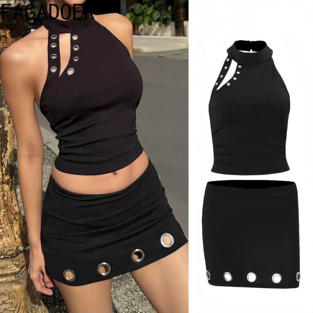 

FAGADOER сексуальный женский комплект из 2 предметов с вырезами, укороченный топ и юбка без рукавов с лямкой на шее и открытой спиной, одинаковая женская уличная одежда, новинка