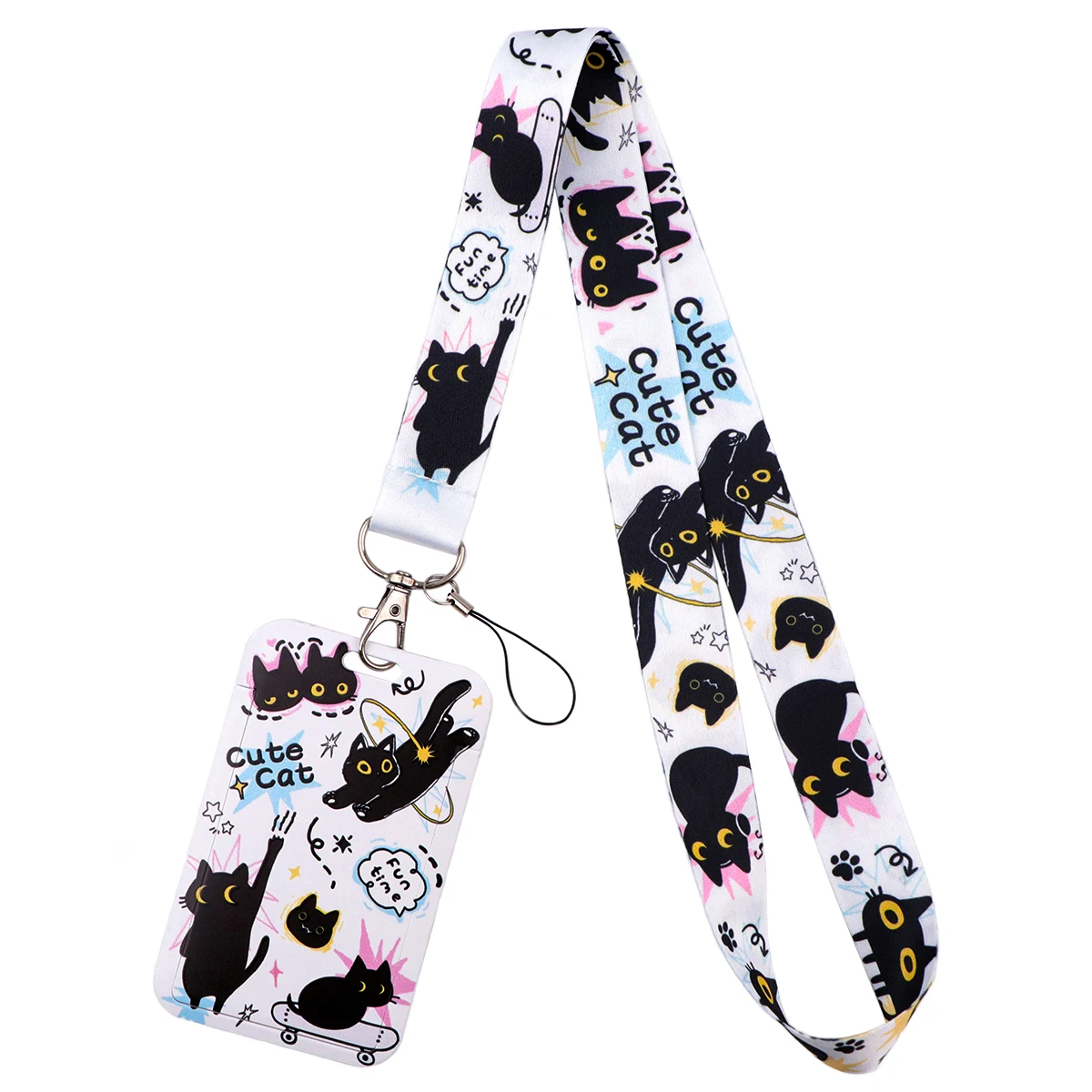 Funny Black Cat Credential Holder Lanyard, Koi Fish Pattern
