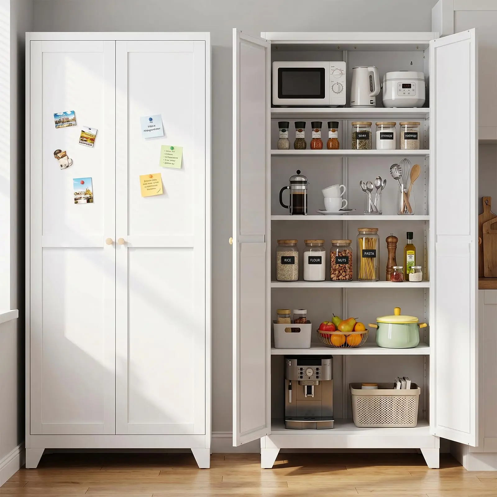 75-Inch Metal Pantry Cabinet with 5 Adjustable Shelves, White