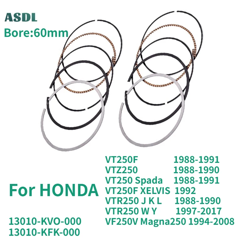 

For HONDA VT250 VTZ250 60mm Motorcycle Engine Cylinder Piston Rings VTR250 J K L 88-90 VTR250 W Y 97-17 VF250V Magna250 94-2008