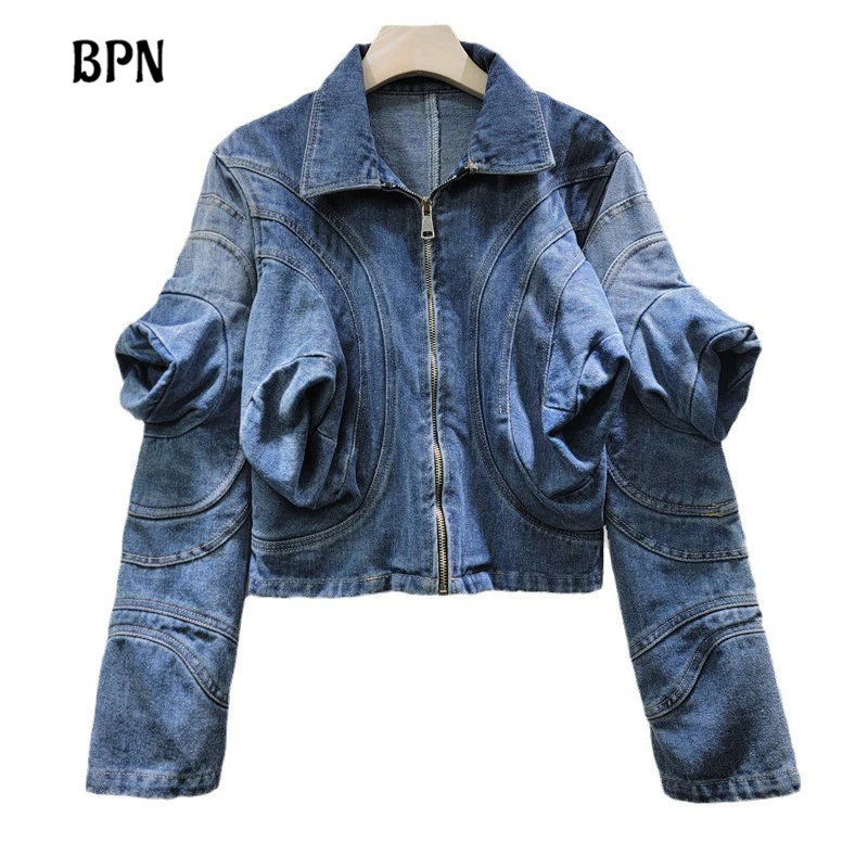 

BPN Casual Loose Minimalist Denim Coats For Women Lapel Puff Sleeeve Spliced Zipper Short Jackets Female Fashion Style Clothing