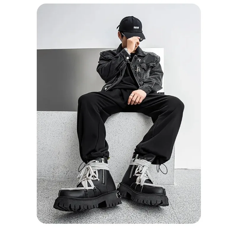 Męskie botki na platformie, modne, z personalizowanym paskiem, markowe buty wysokiej jakości, motocyklowe, codzienne, outdoorowe, zapinane na zamek.
