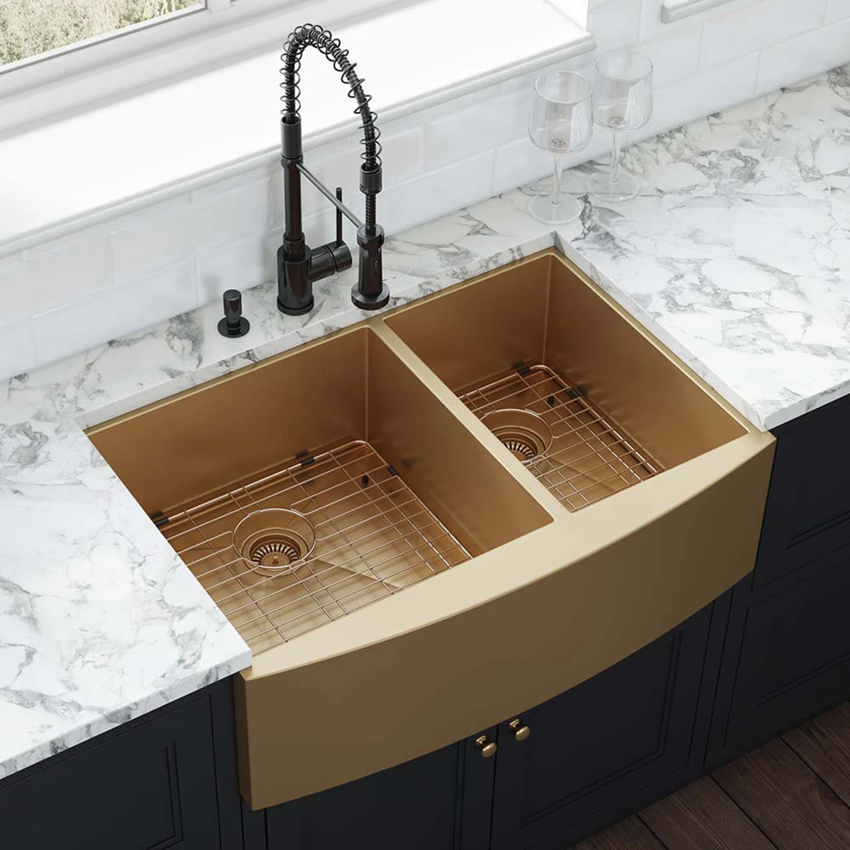 Aquacubic CUPC 33\ Gold SUS304 Handmade Double Bowl Apron Front Kitchen Sink