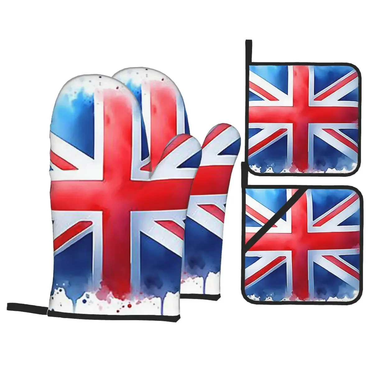 

Watercolor Union Jack British Flag Print Oven Mitts and Pot Holder Sets of 4 for Baking Kitchen Cooking Grilling Non-Slip Gloves
