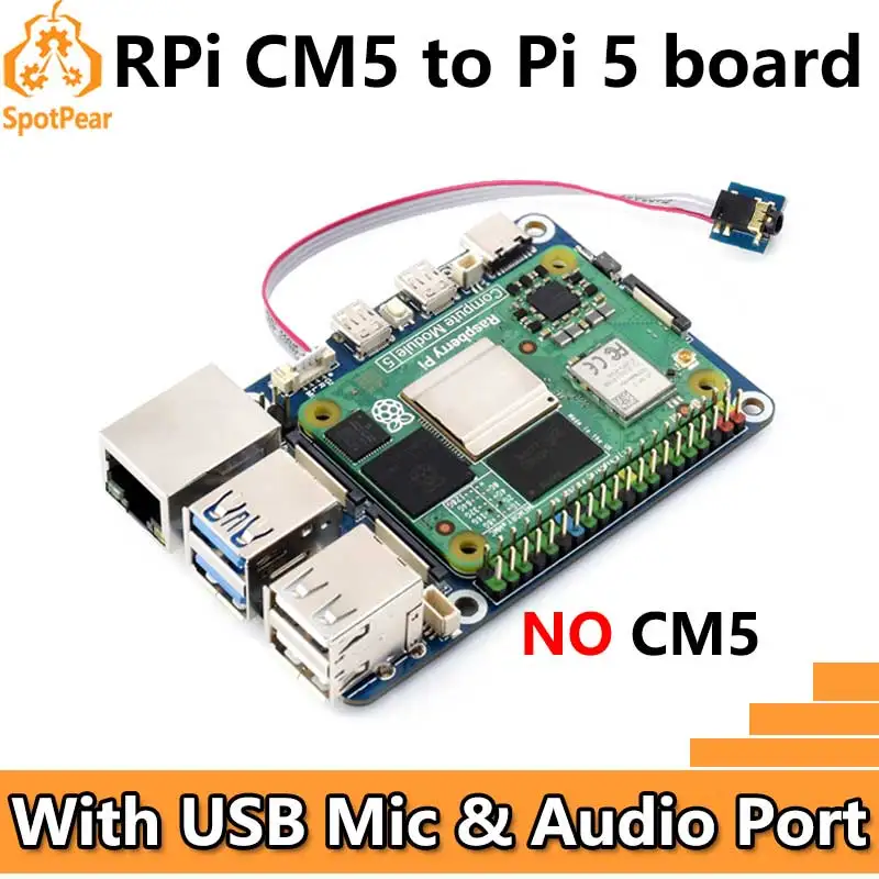 

Плата расширения Raspberry Pi CM5 к Pi 5, USB-микрофоном и аудиопортом, адаптер Waveshare CM5-to-Pi5