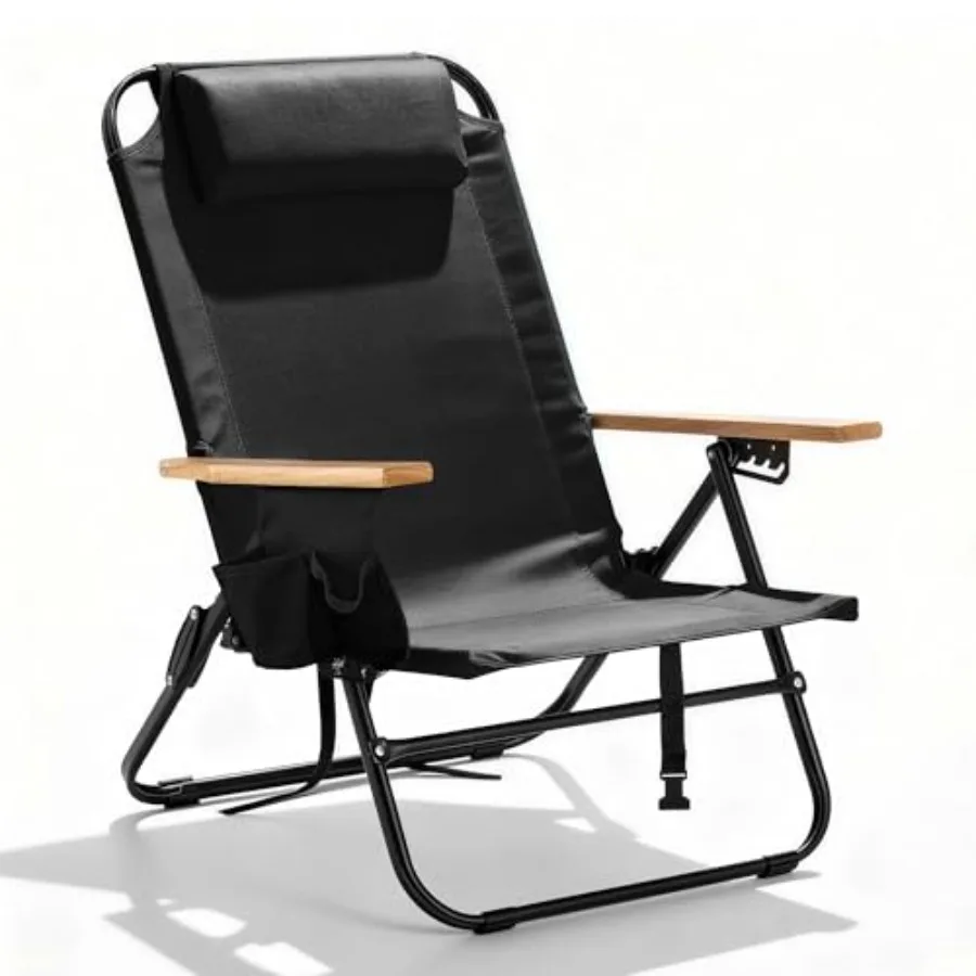

Portable camping chair for outdoor use, black polyester fabric with wooden armrests, 5-position reclining, headrest and multi-p