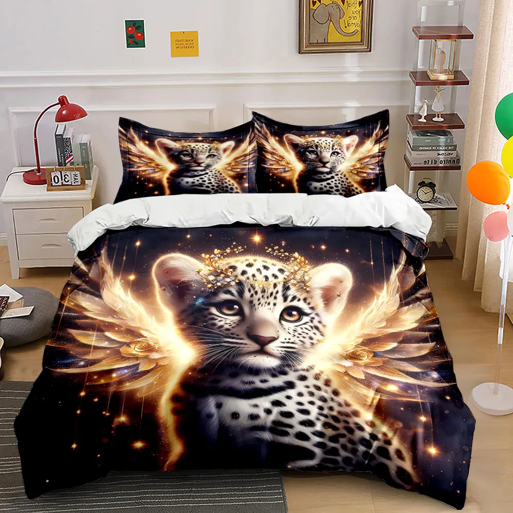 Fantasy Golden Leopard Angel Print Soft Comfortable Duvet Cover Bedding Set Included 1*Duvet Cover 2*Pillowcases Luxury Gift