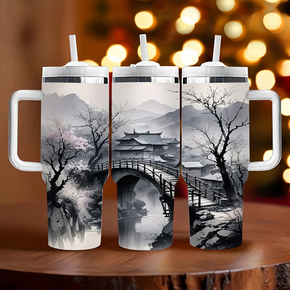 1pc Beautiful Chinese Ink Wash Landscape Ancient Bridge Print Stylish Travel Tumbler with Straw And Handle