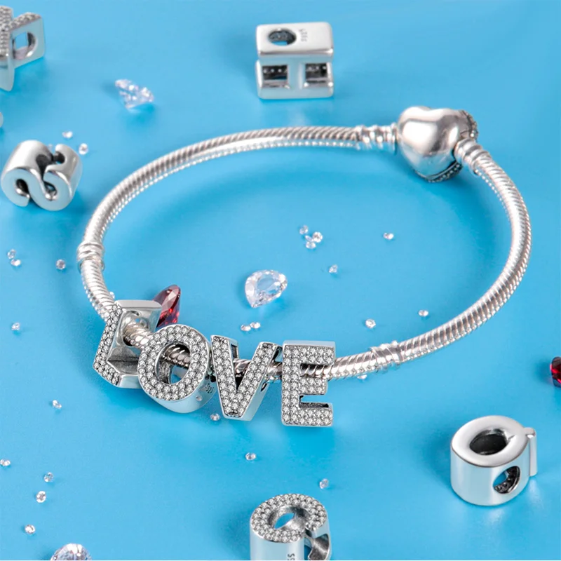 Hot Sale Silver 925 Charms Pink Zircon pave 26 Letter English Alphabet Bead Pendant Fit Pan Original Bracelet DIY Jewelry Making view 2