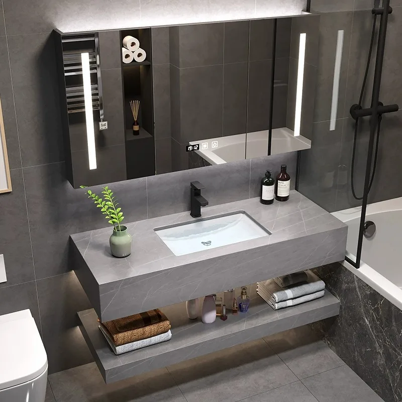 

Modern simple rock slab integrated bathroom cabinet hand washbasin wall-mounted smart bathroom washstand double-layer basin